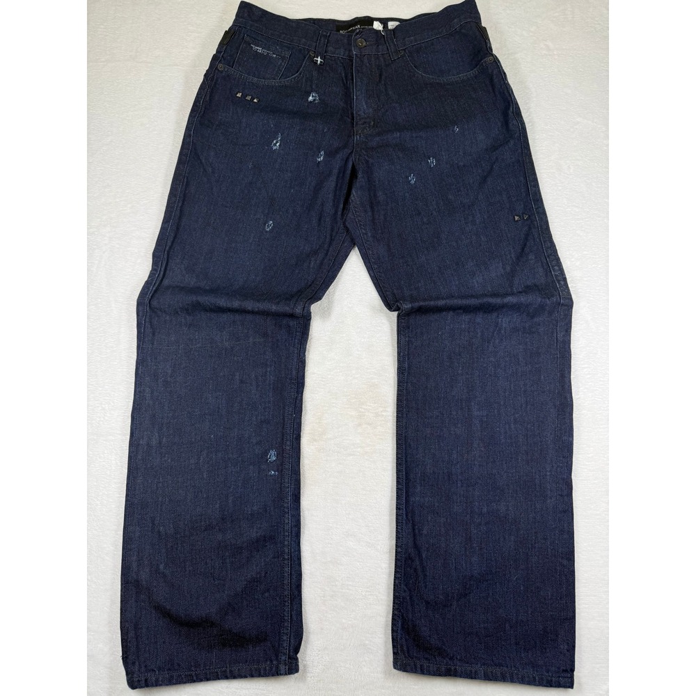Rocawear Mens Dark Wash Distressed Studded Relaxed Wide Leg Y2K Jeans Blue 34